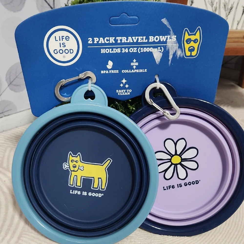 NWT Life is Good 2-Pack Collapsible Travel Pet Bowls - 34oz Blue/Purple